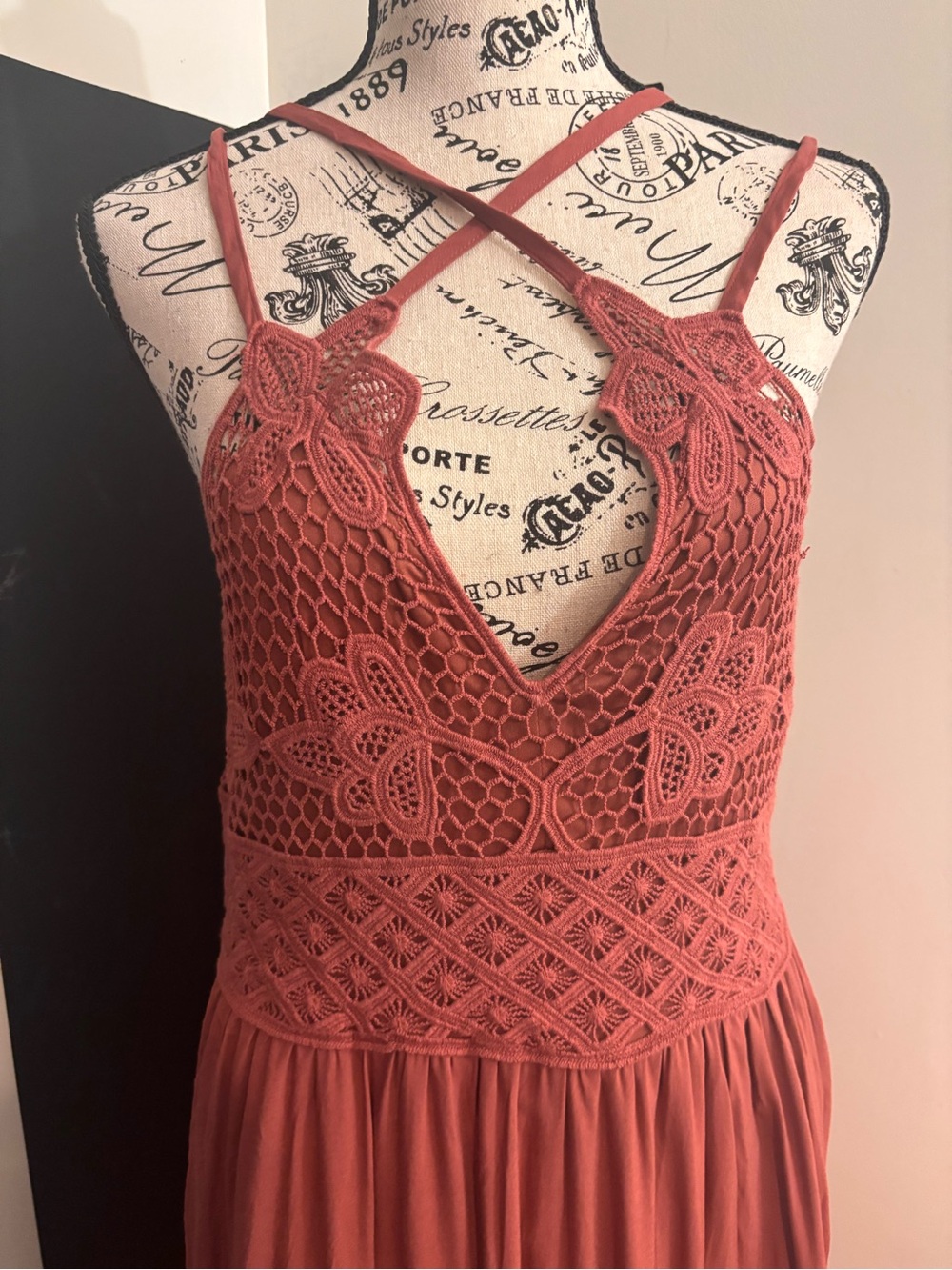 Maurices Rust Orange Crochet Lace Asymmetrical Maxi Dress